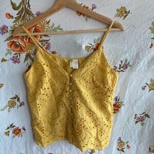 Japna Spaghetti Strap Yellow Eyelet Blouse Boho Coquette Romantic Cottage Cotton
